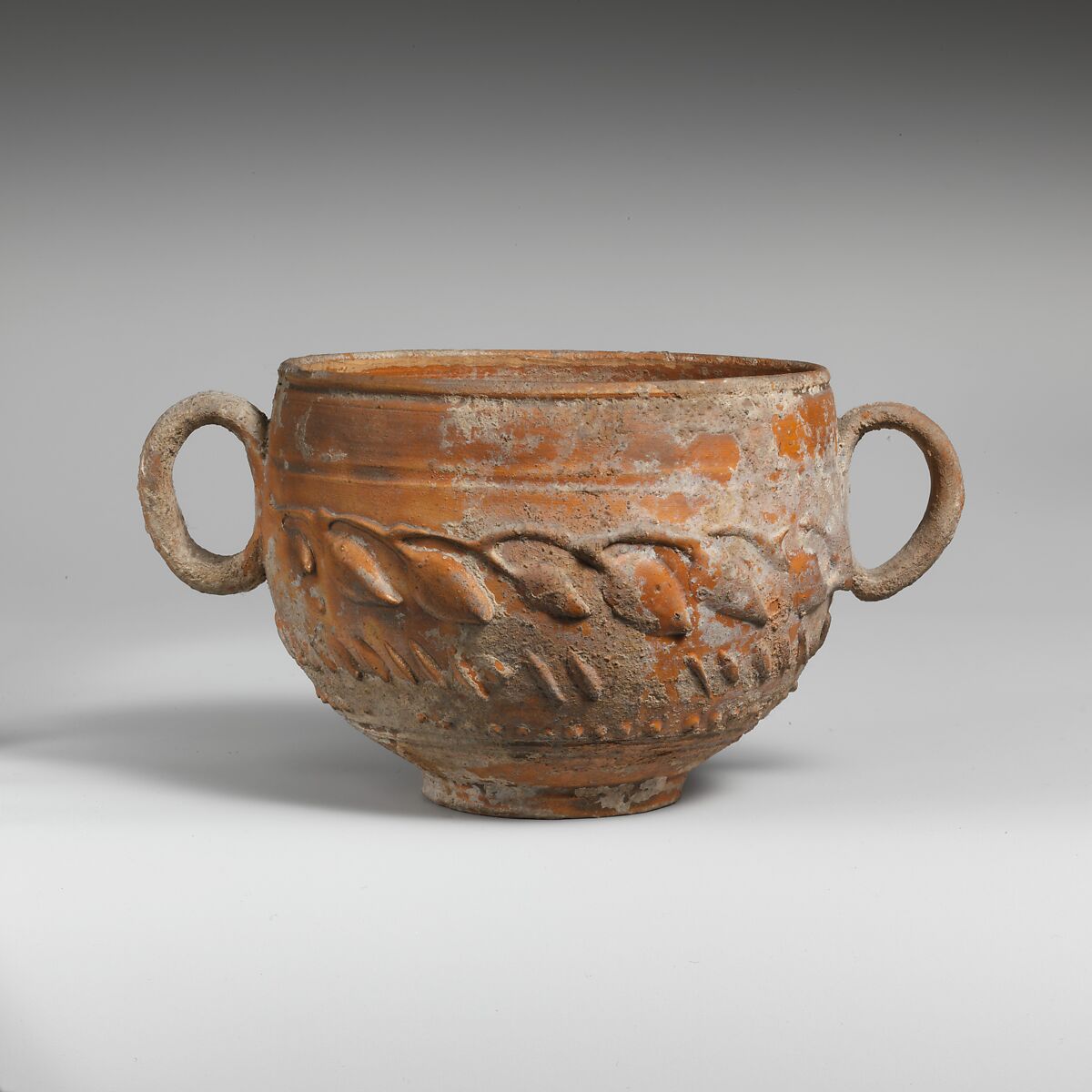 Terracotta scyphus (drinking cup) with barbotine decoration, Terracotta, Roman 