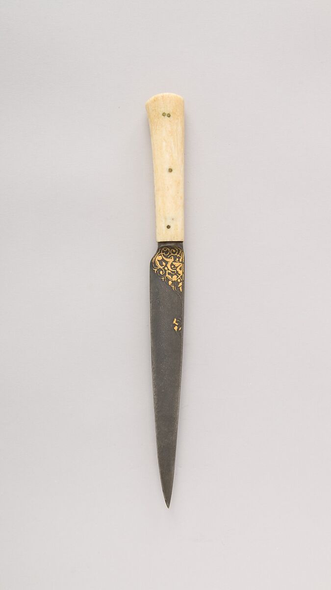 Knife (Kard), Steel, ivory (walrus), gold, Persian, Qajar 