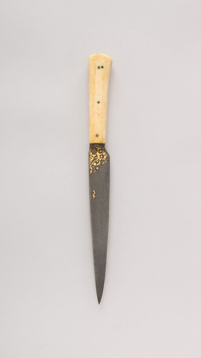 Knife (Kard), Steel, ivory (walrus), gold, Persian, Qajar