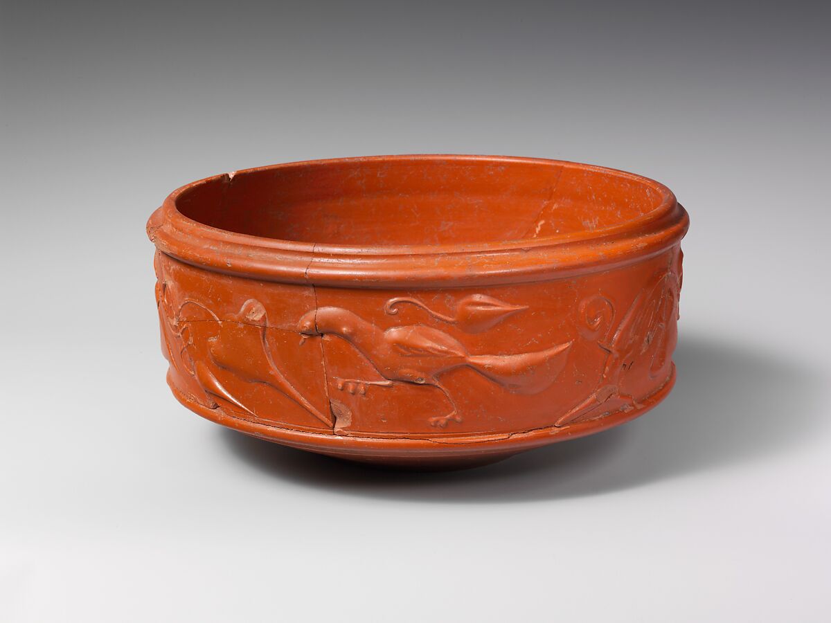 Terracotta dish with barbotine decoration, Terracotta, Roman 