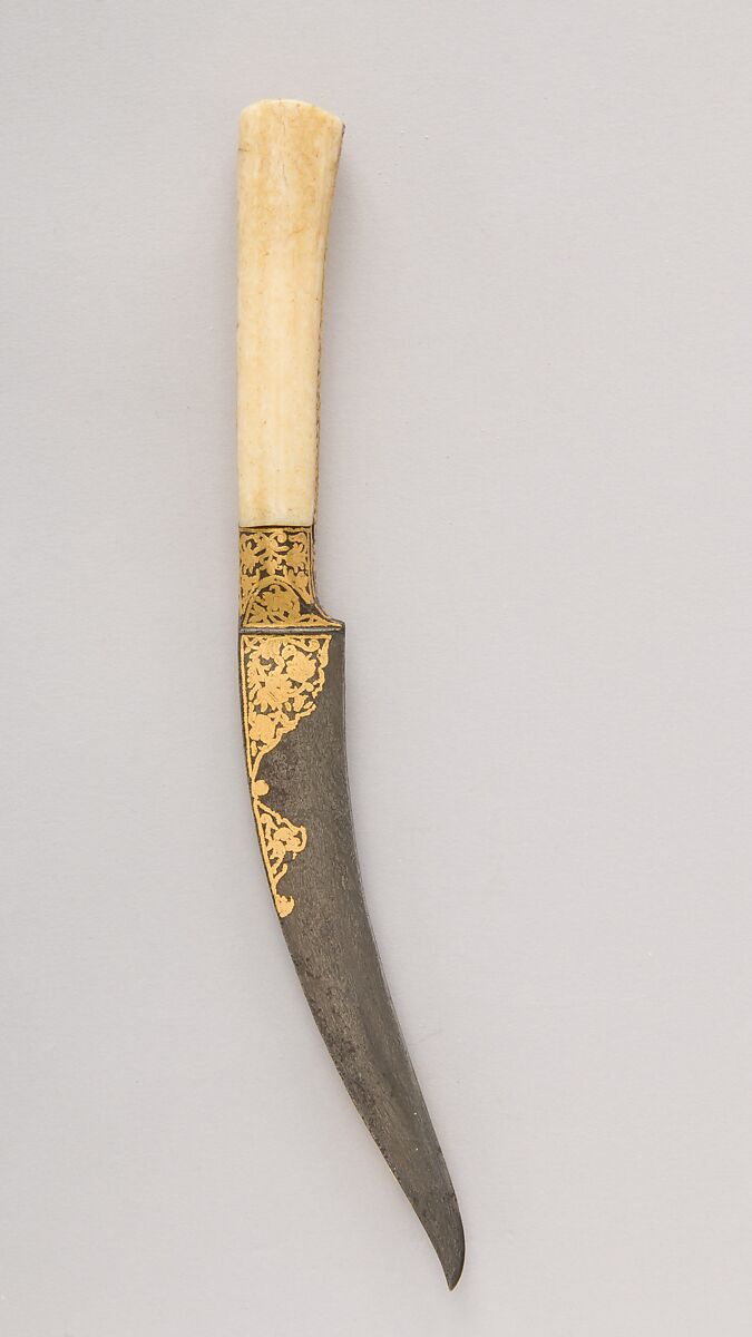 Knife (Kard), Steel, ivory (walrus), gold, Persian, Qajar
