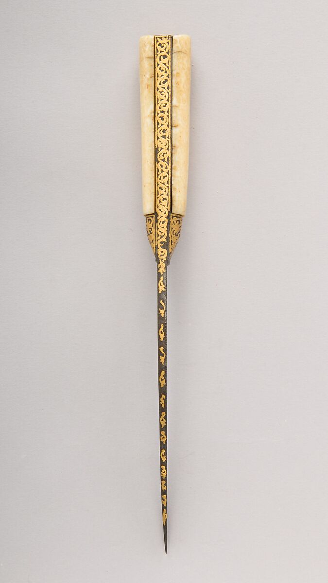 Knife (Kard), Steel, ivory (walrus), gold, Persian, Qajar