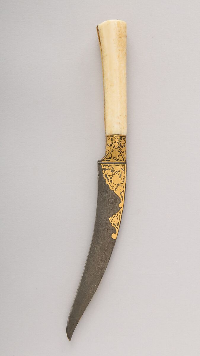 Knife (Kard), Steel, ivory (walrus), gold, Persian, Qajar 