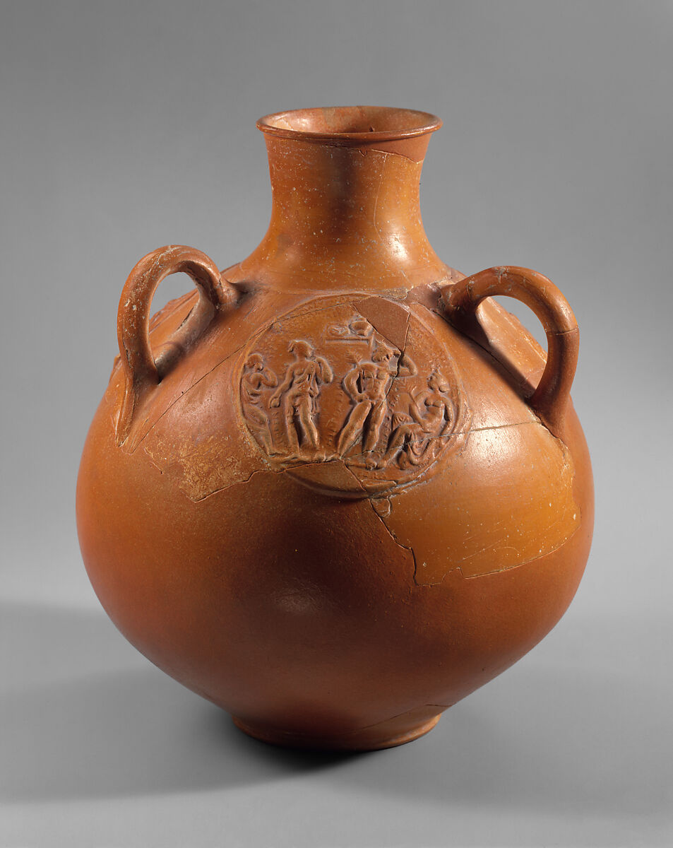 Three-handled jug with relief medallions, Terracotta, Roman