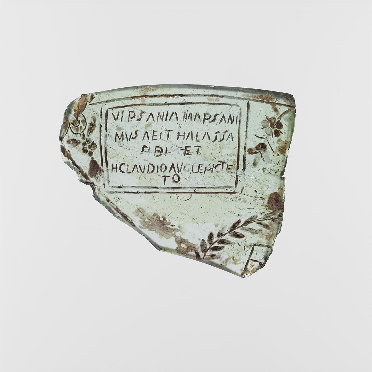 Glass bowl fragment with later inscription, Glass, Roman 