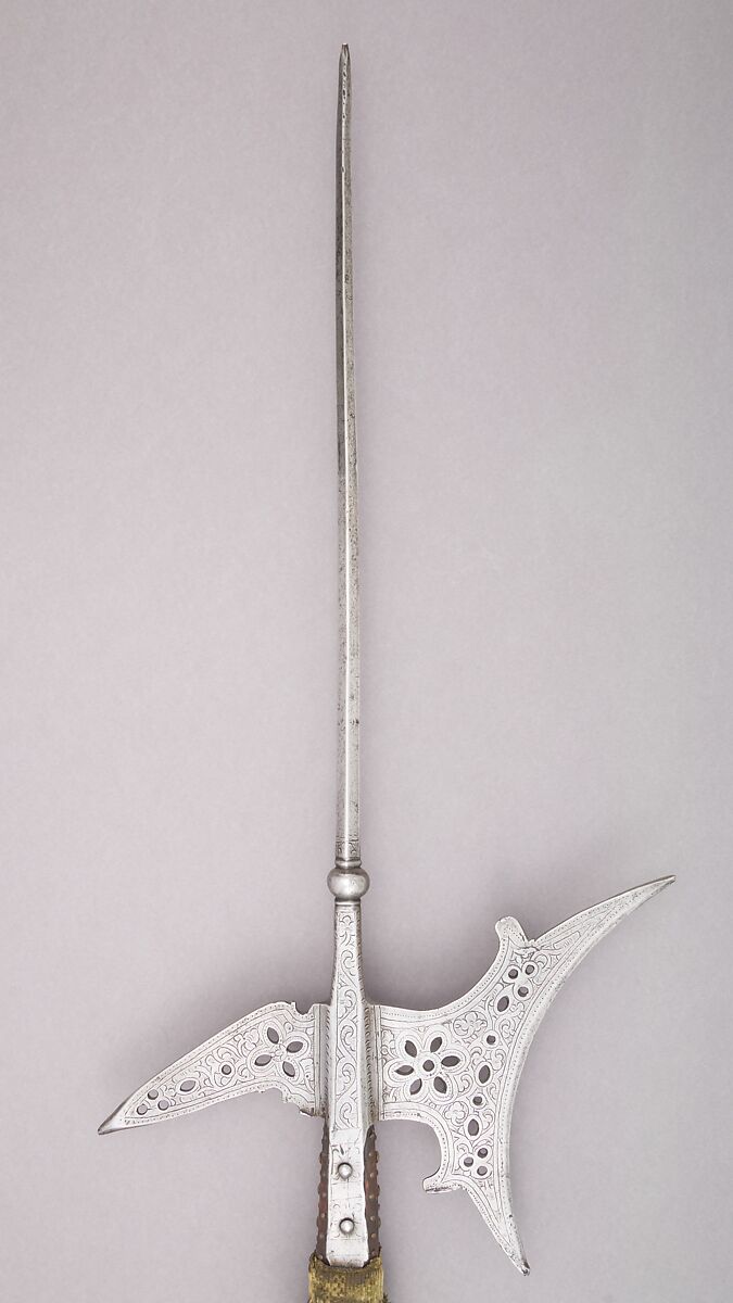 Halberd, Steel, wood (walnut), textile (velvet), brass, German or French