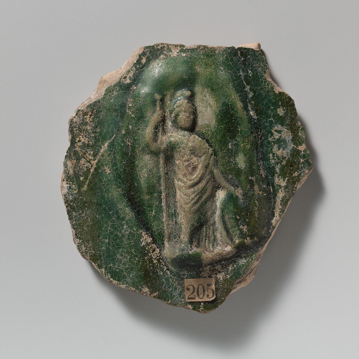 Terracotta vase fragment with relief of Minerva, Terracotta, Roman 