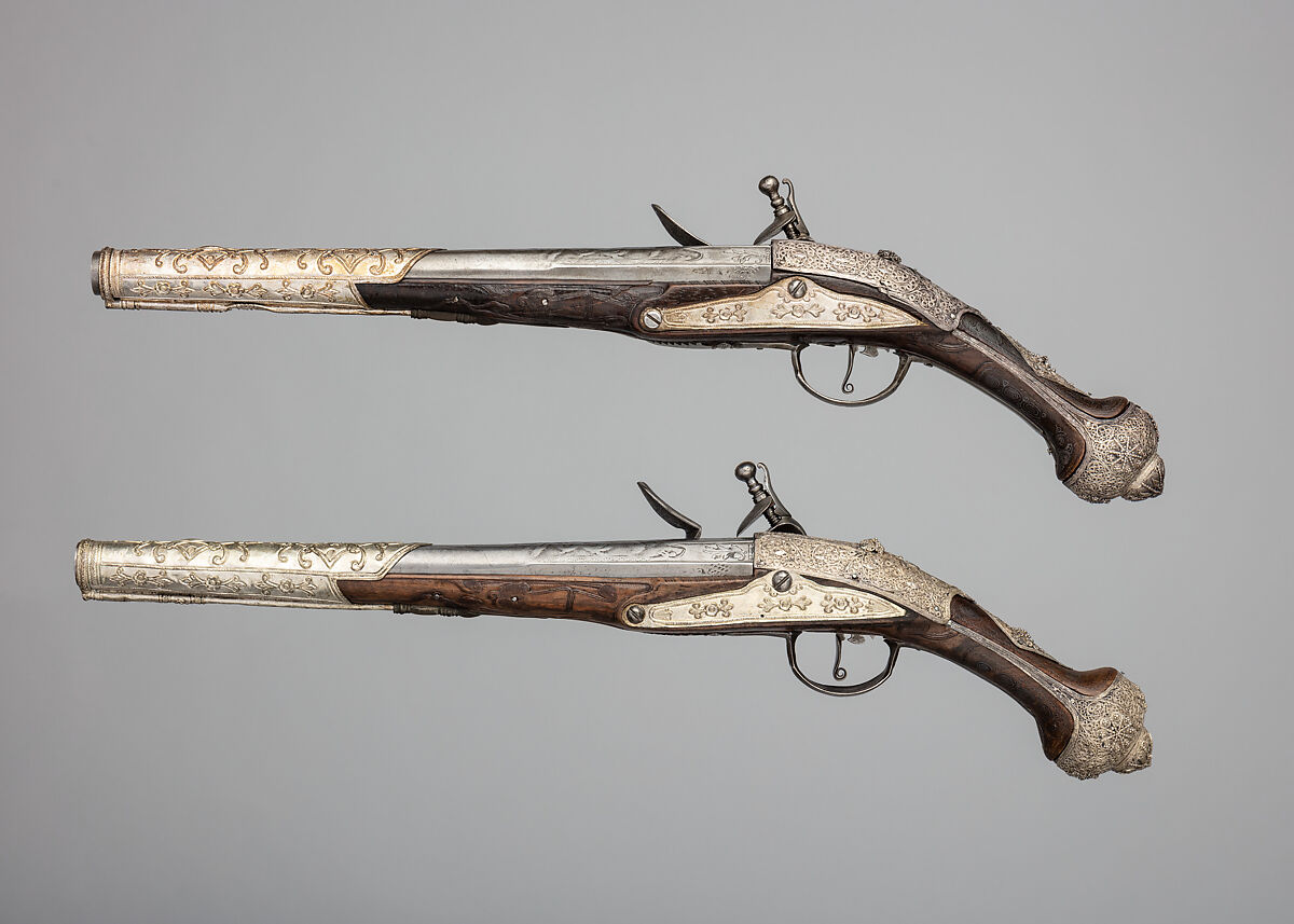 Pair of Flintlock Pistols, Steel, silver, silver wire, Possibly Albanian
