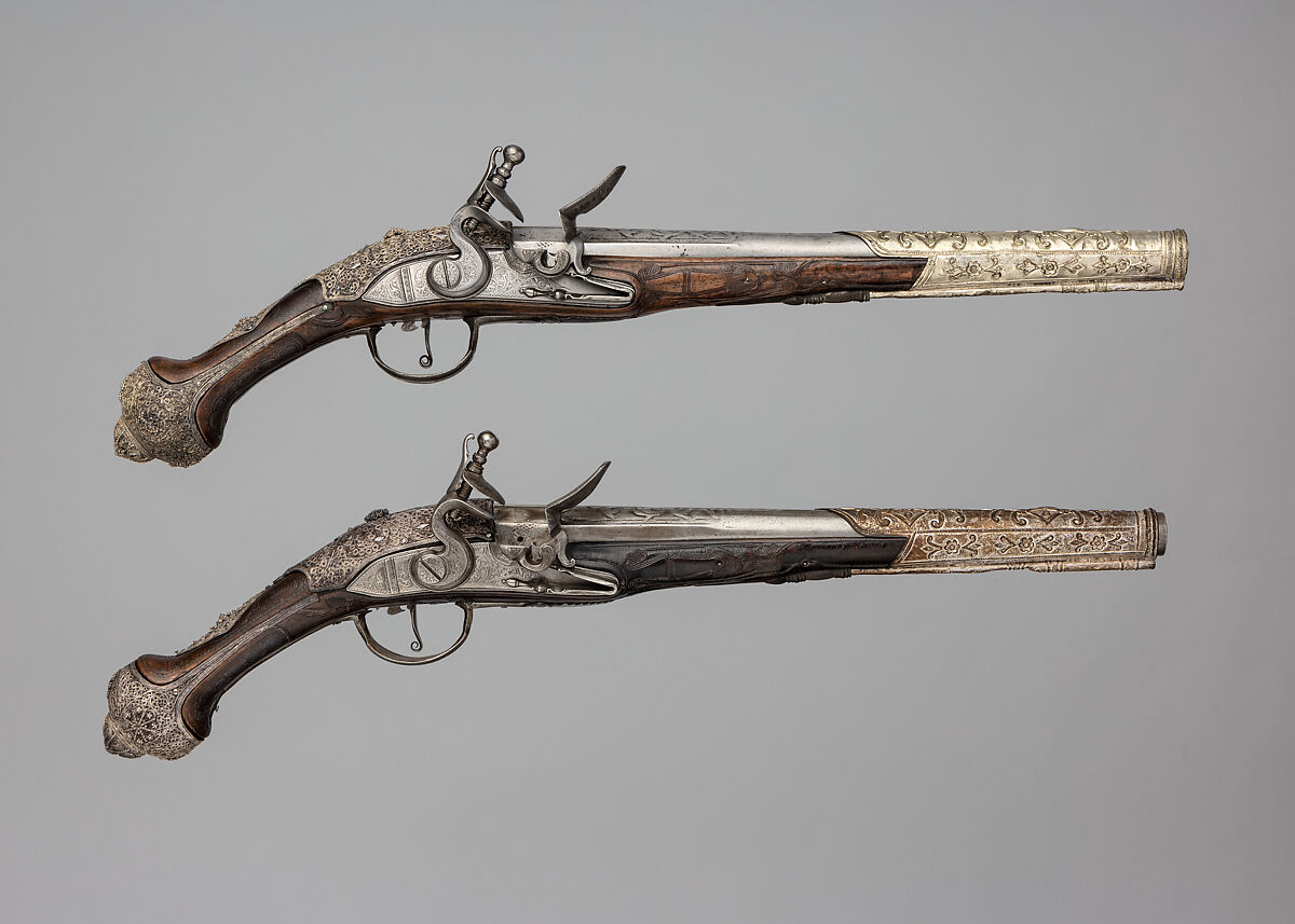 Pair of Flintlock Pistols, Steel, silver, silver wire, Possibly Albanian 