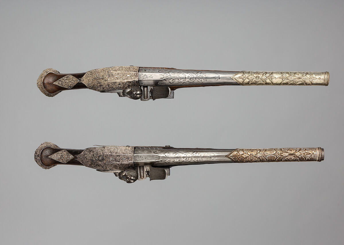 Pair of Flintlock Pistols, Steel, silver, silver wire, Possibly Albanian
