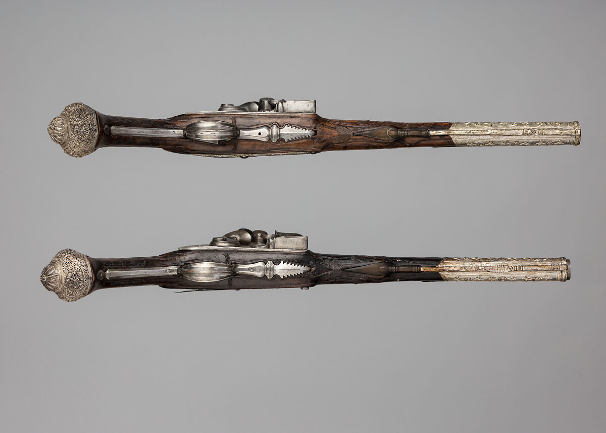 Pair of Flintlock Pistols, Steel, silver, silver wire, Possibly Albanian