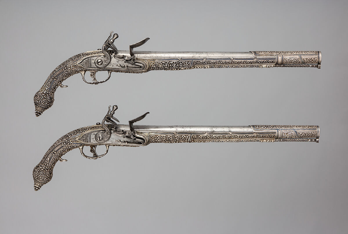 Pair of Flintlock Pistols, Steel, silver, Balkan; barrel, Russian; lock, Italian 