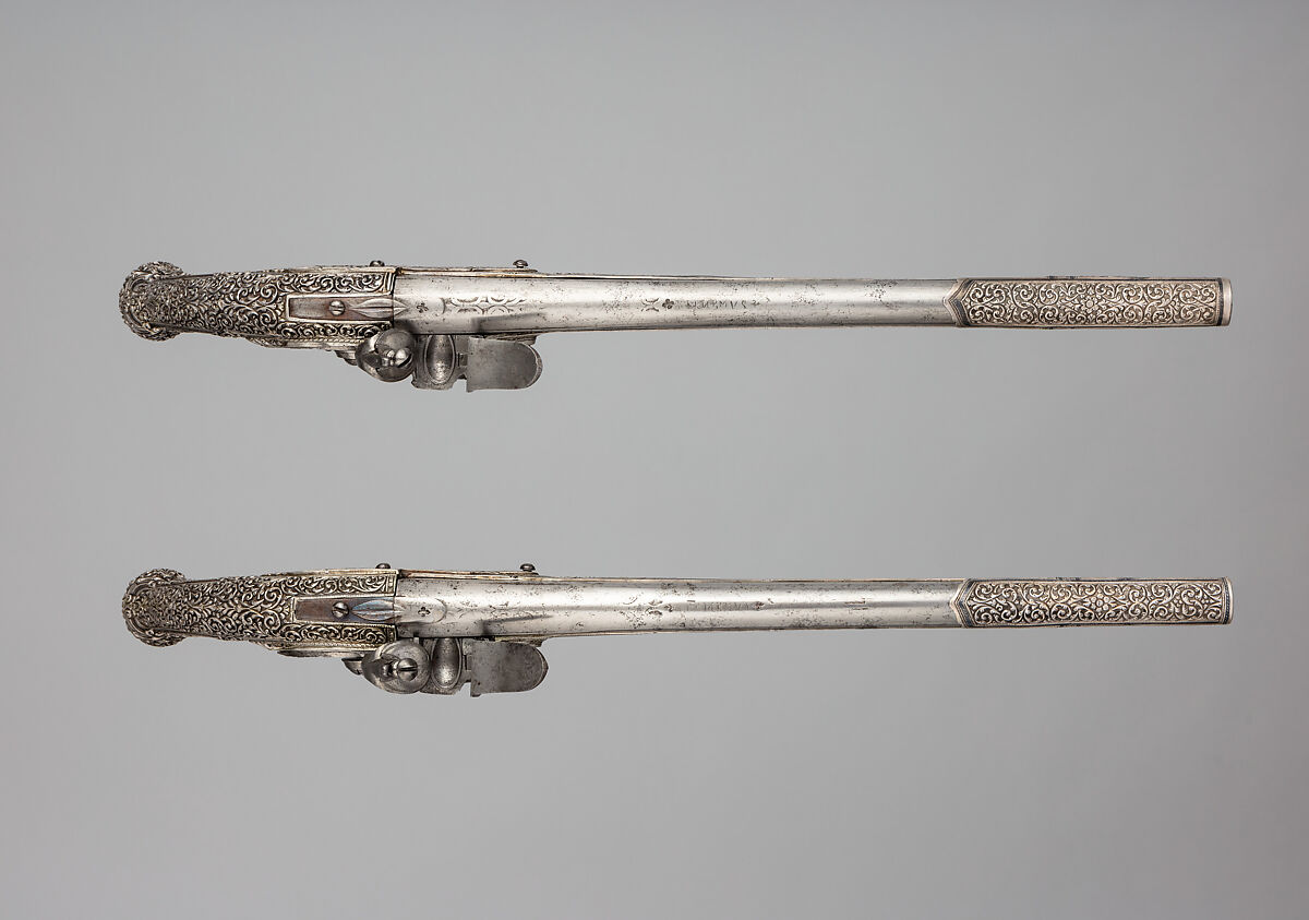 Pair of Flintlock Pistols, Steel, silver, Balkan; barrel, Russian; lock, Italian