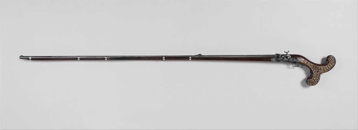 Flintlock Gun, Iron, wood (likely mahogany), silver, brass, ivory, Sri Lankan