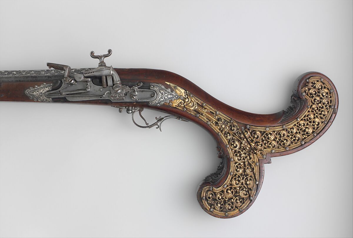 Flintlock Gun, Iron, wood (likely mahogany), silver, brass, ivory, Sri Lankan