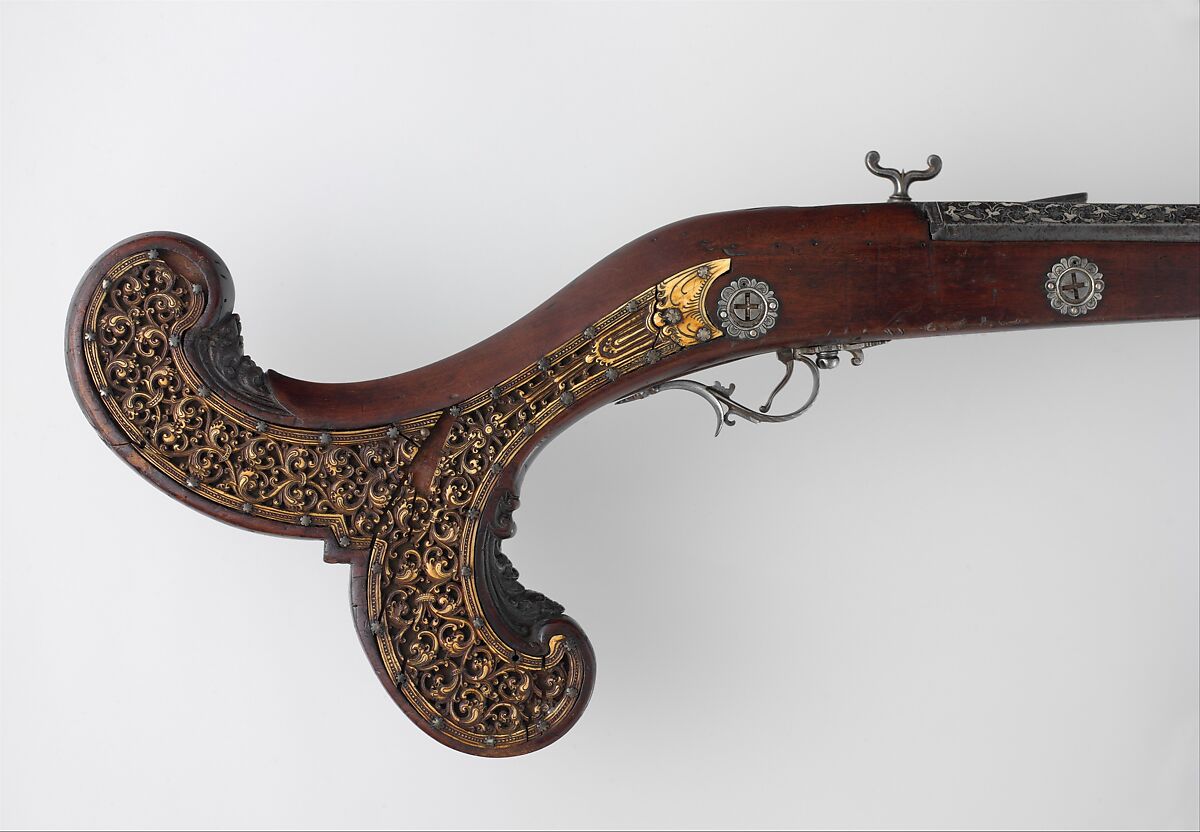 Flintlock Gun, Iron, wood (likely mahogany), silver, brass, ivory, Sri Lankan
