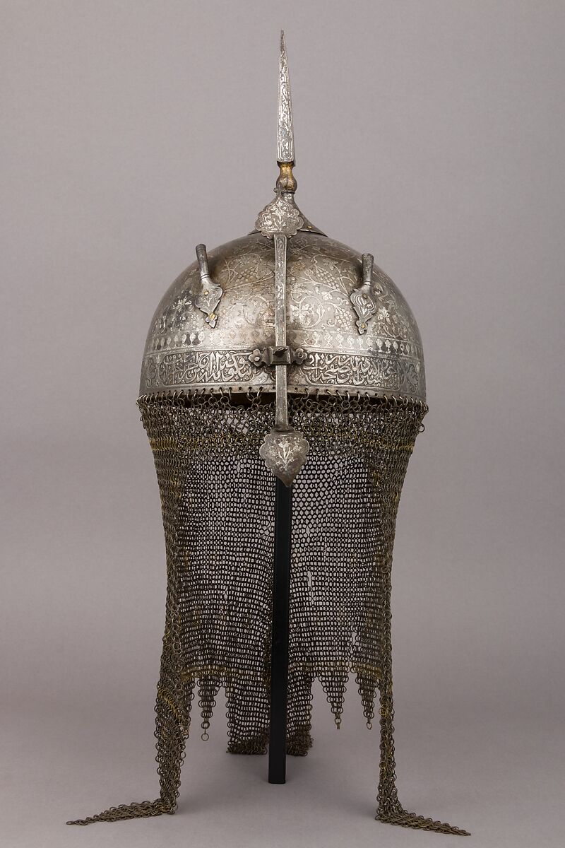 Helmet (Khula Khud), Steel, silver, brass, textile, Persian, Qajar 