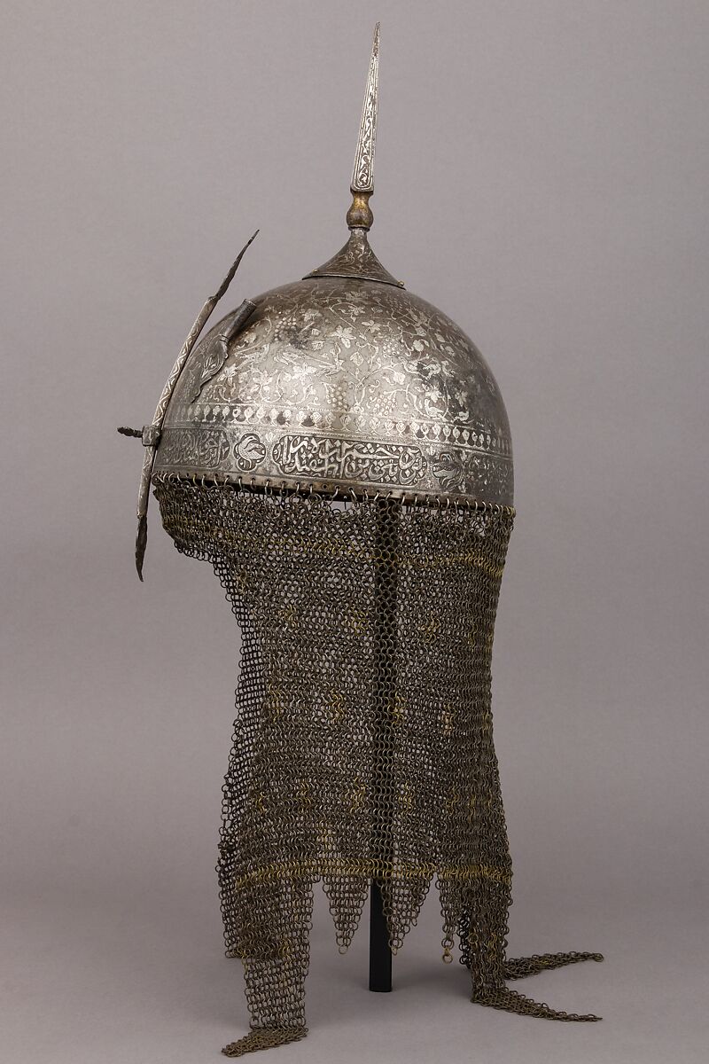 Helmet (Khula Khud), Steel, silver, brass, textile, Persian, Qajar