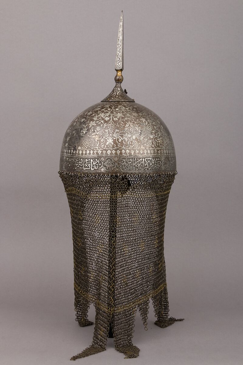 Helmet (Khula Khud), Steel, silver, brass, textile, Persian, Qajar