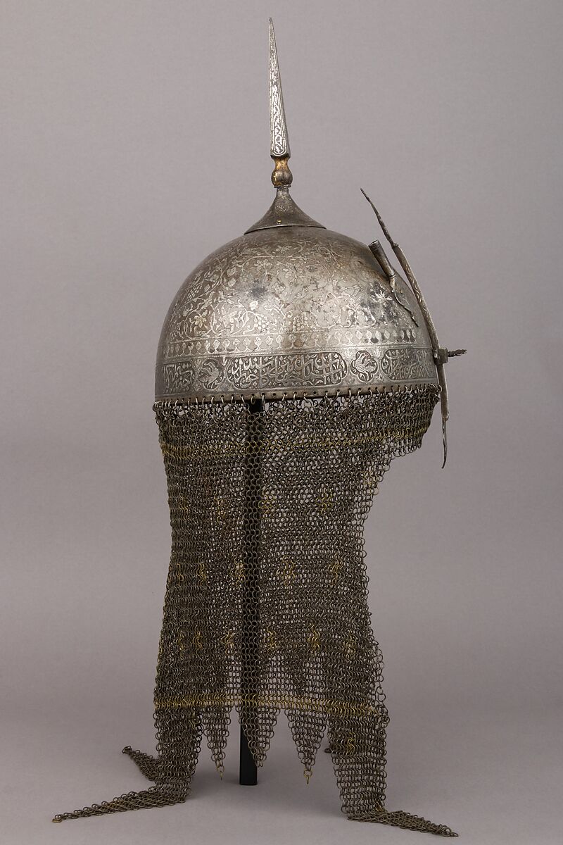 Helmet (Khula Khud), Steel, silver, brass, textile, Persian, Qajar