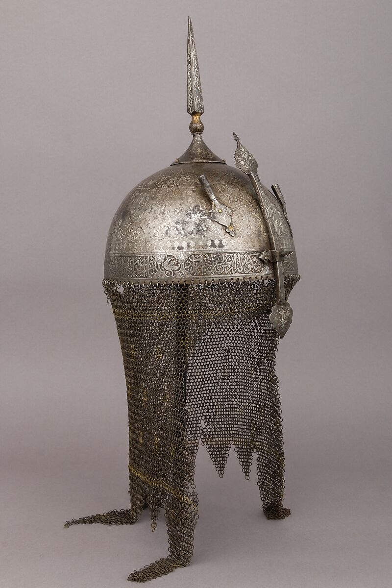Helmet (Khula Khud), Steel, silver, brass, textile, Persian, Qajar