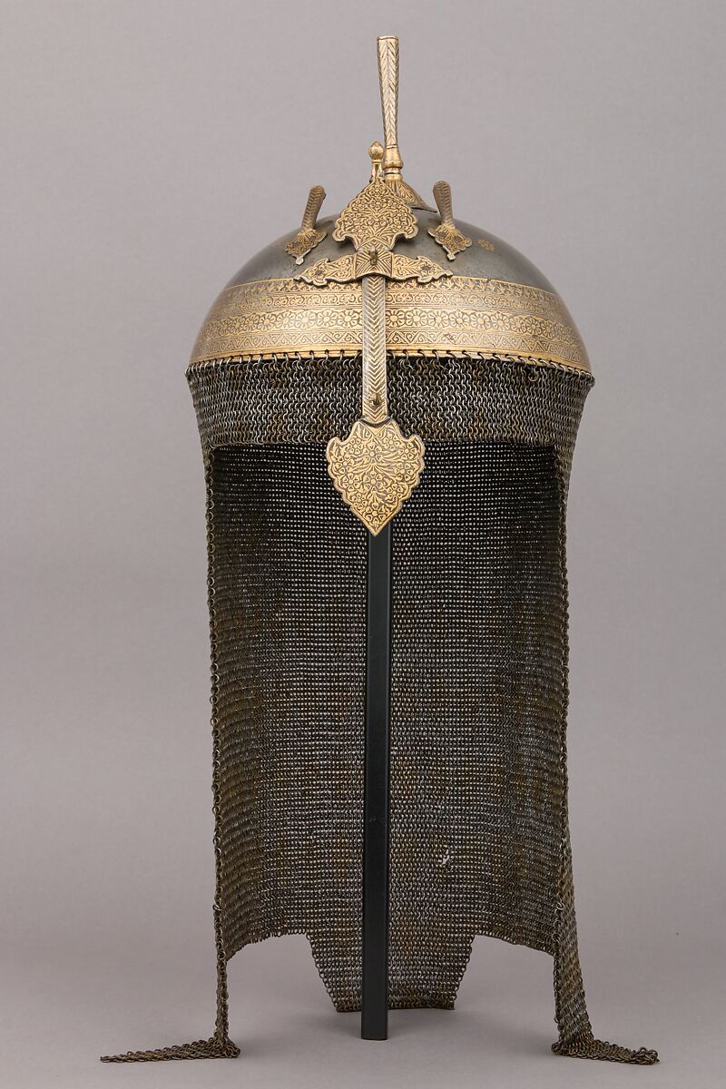Helmet (Kulah Khud), Steel, gold, velvet, brass, pigment, varnish, Persian
