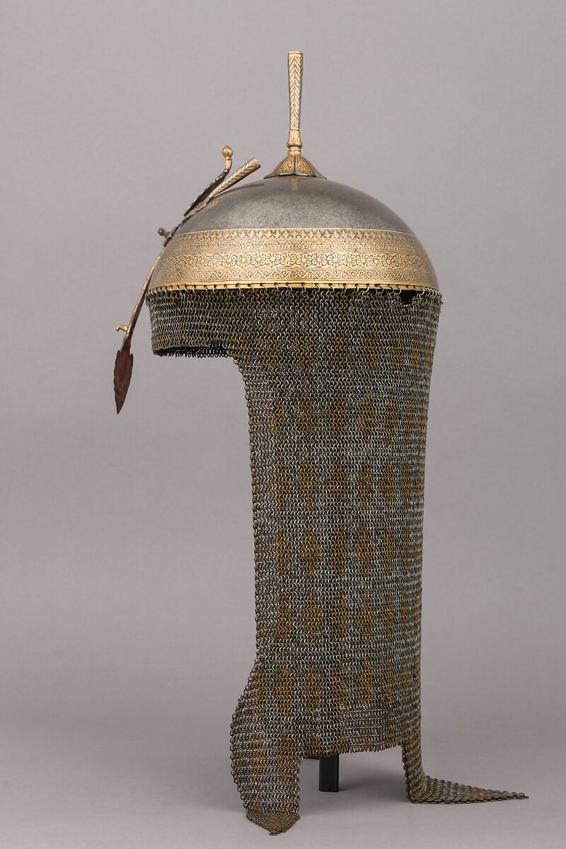 Helmet (Kulah Khud), Steel, gold, velvet, brass, pigment, varnish, Persian