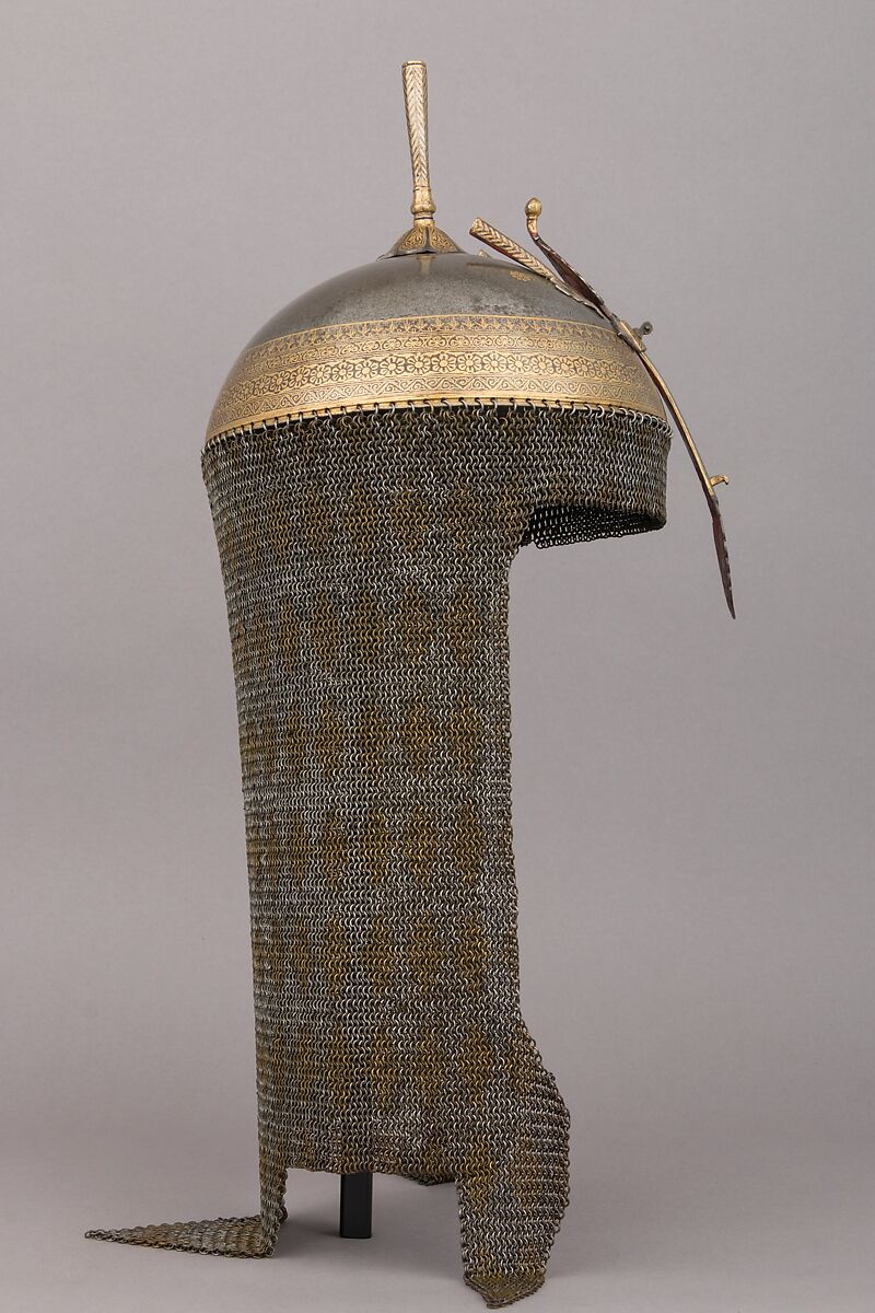Helmet (Kulah Khud), Steel, gold, velvet, brass, pigment, varnish, Persian
