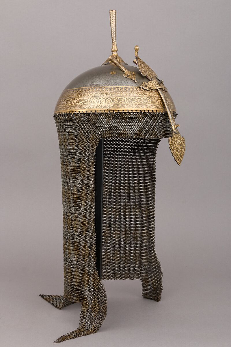 Helmet (Kulah Khud), Steel, gold, velvet, brass, pigment, varnish, Persian 