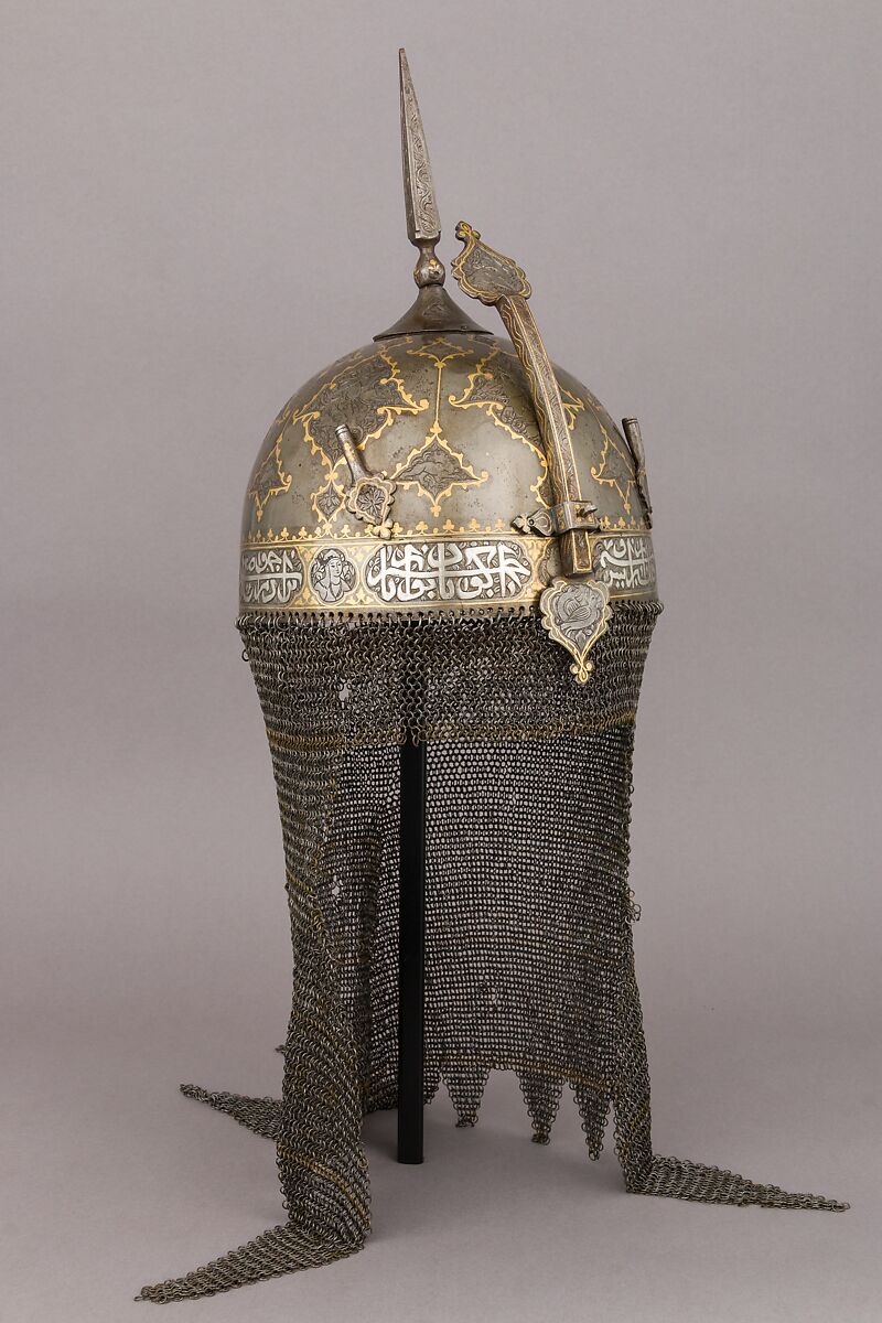 Helmet (Khula Khud), Steel, gold, brass, Persian, Qajar 