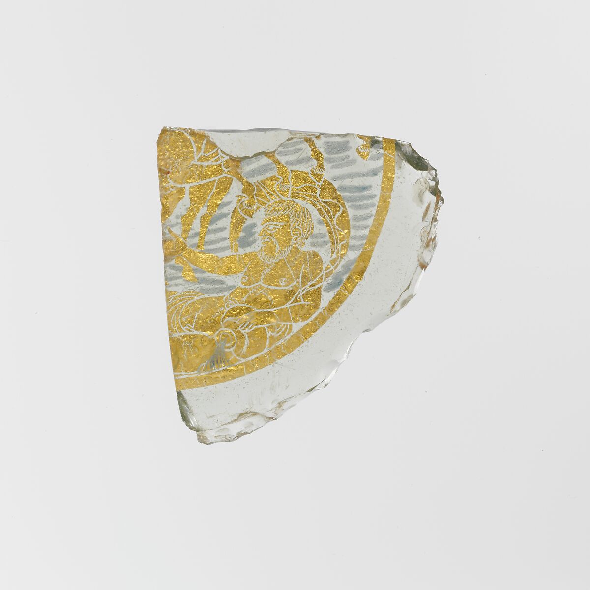 Glass bowl fragment with gold leaf and painted decoration, Glass, gold, paint, Roman 