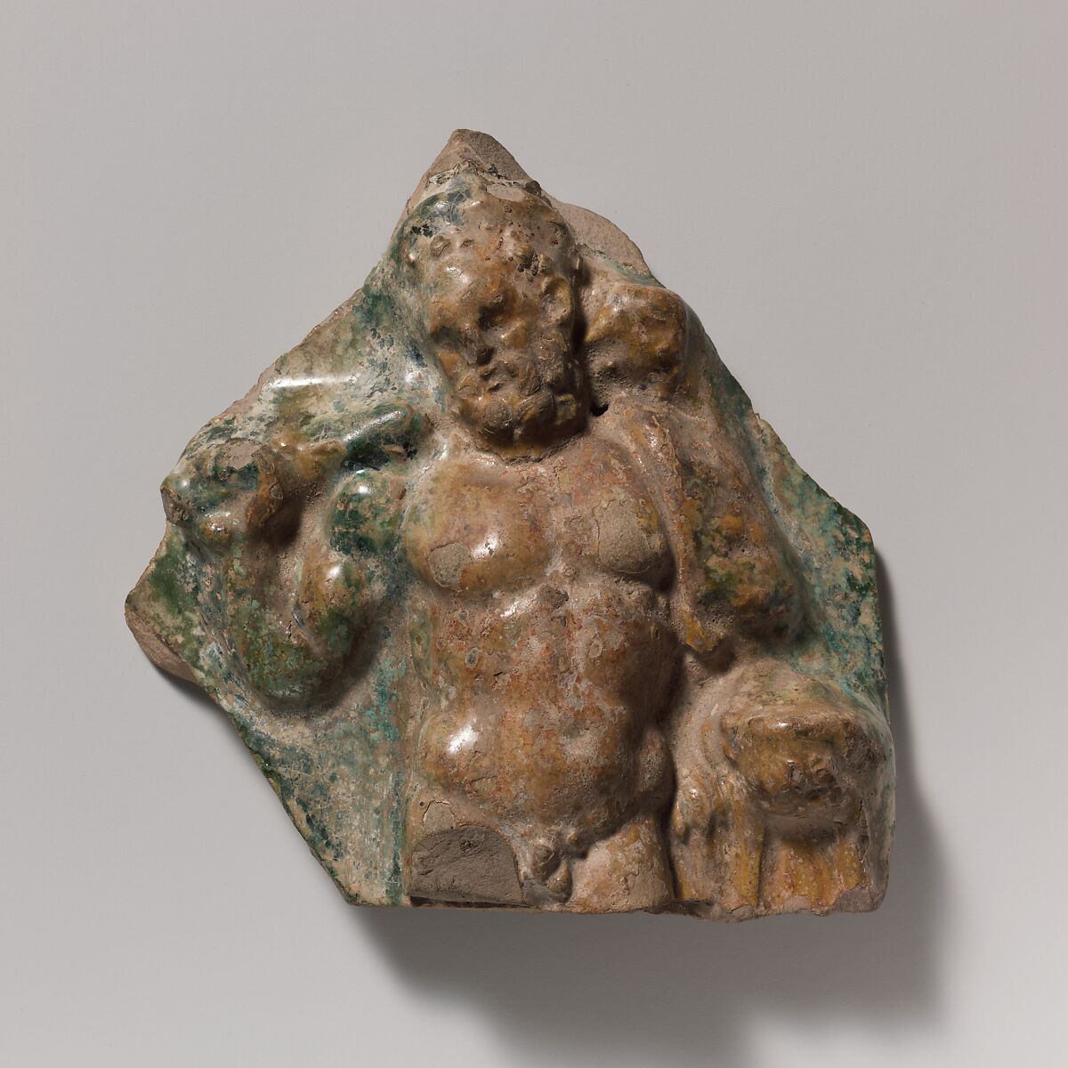 Terracotta vase fragment with figure of Hercules, Terracotta, Roman 
