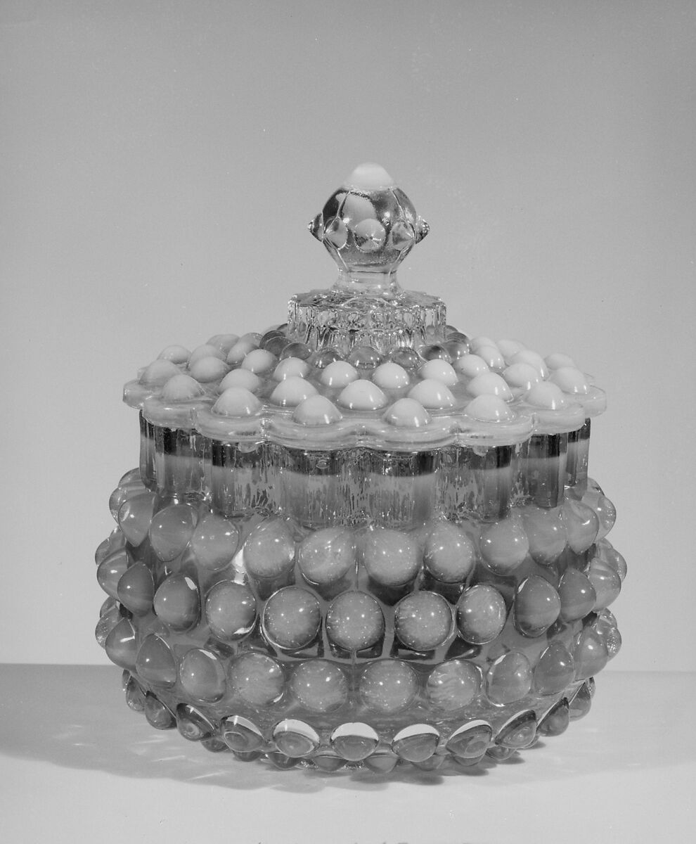 Covered Hobnail Sugar Bowl, Probably Hobbs, Brockunier and Company (1863–1891), Pressed cranberry, opalescent and colorless glass, American 