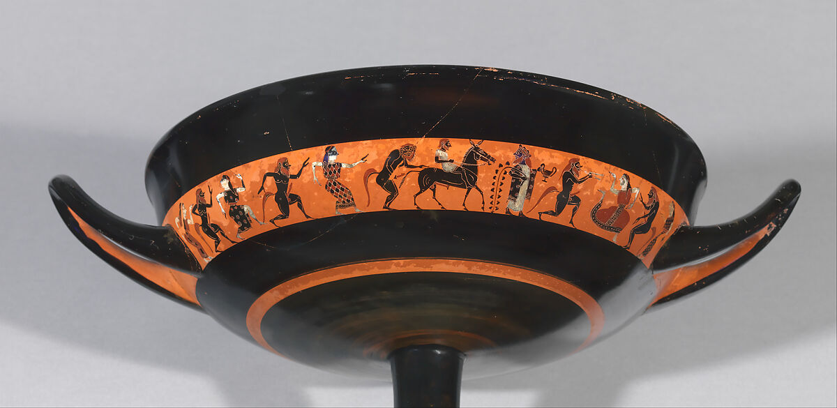 Terracotta kylix: band-cup (drinking cup), Attributed to the Oakeshott Painter, Terracotta, Greek, Attic 