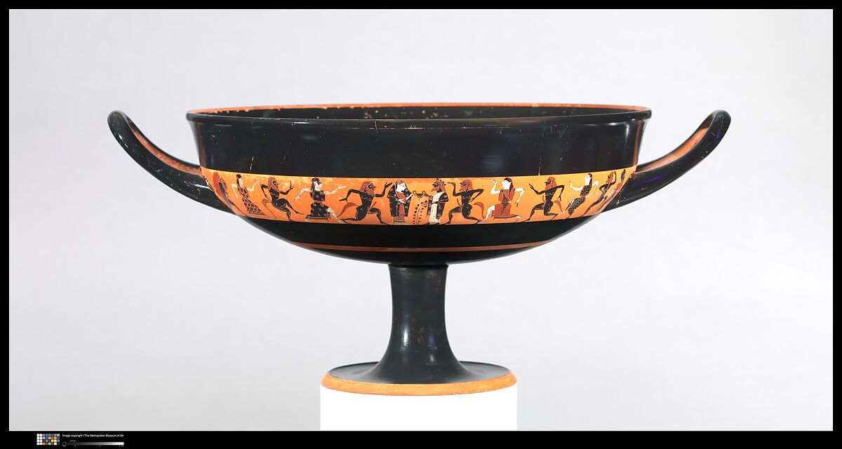 Terracotta kylix: band-cup (drinking cup), Attributed to the Oakeshott Painter, Terracotta, Greek, Attic