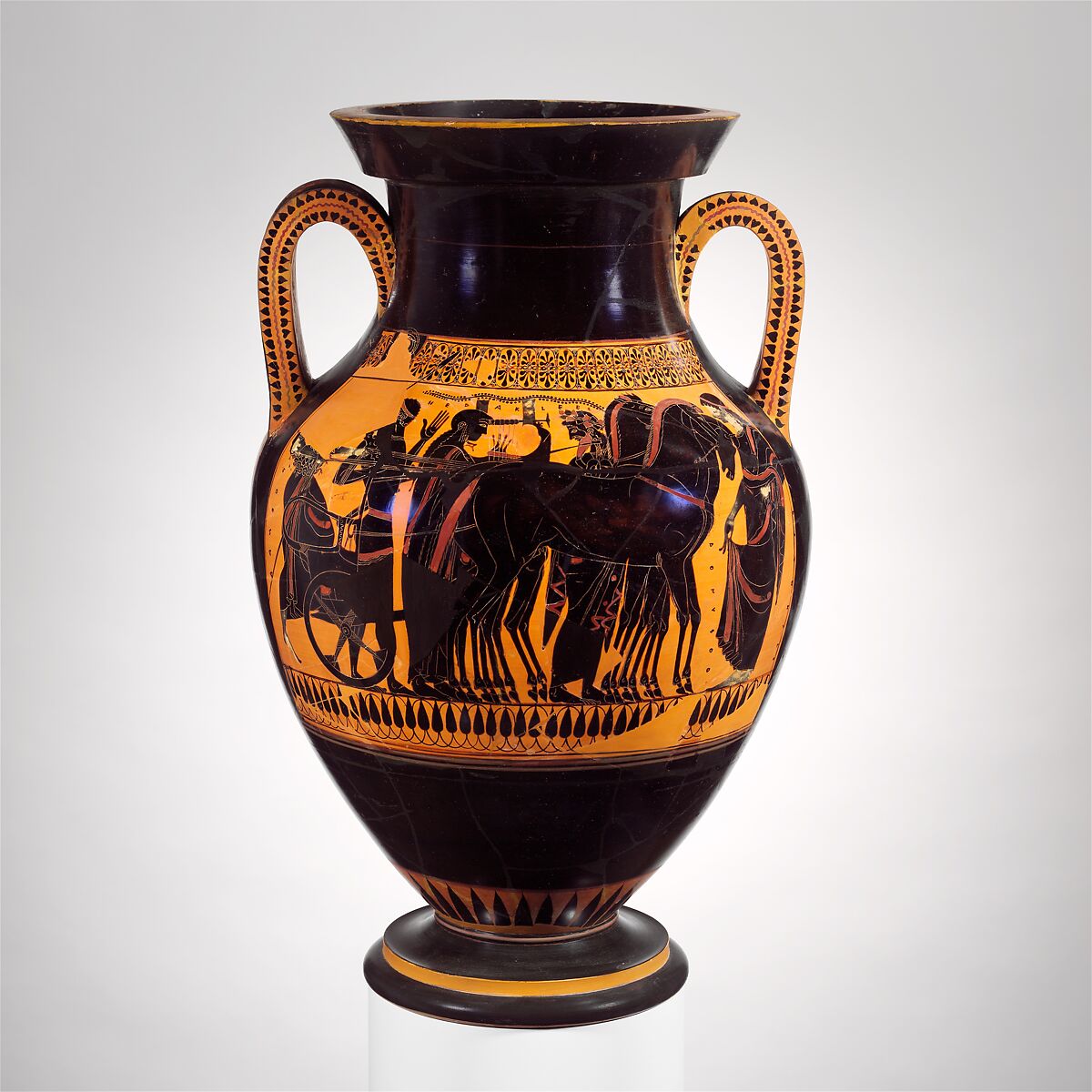 Terracotta amphora (jar), Attributed to the manner of the Antimenes Painter, Terracotta, Greek, Attic 