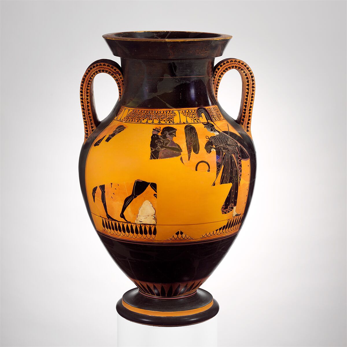 Terracotta amphora (jar), Attributed to the manner of the Antimenes Painter, Terracotta, Greek, Attic