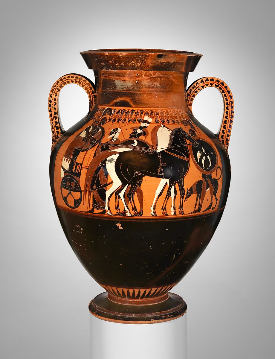 Terracotta amphora (jar), Attributed to the Swing Painter, Terracotta, Greek, Attic