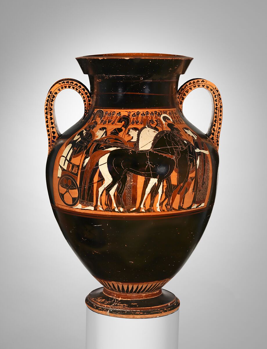 Terracotta amphora (jar), Attributed to the Swing Painter, Terracotta, Greek, Attic 
