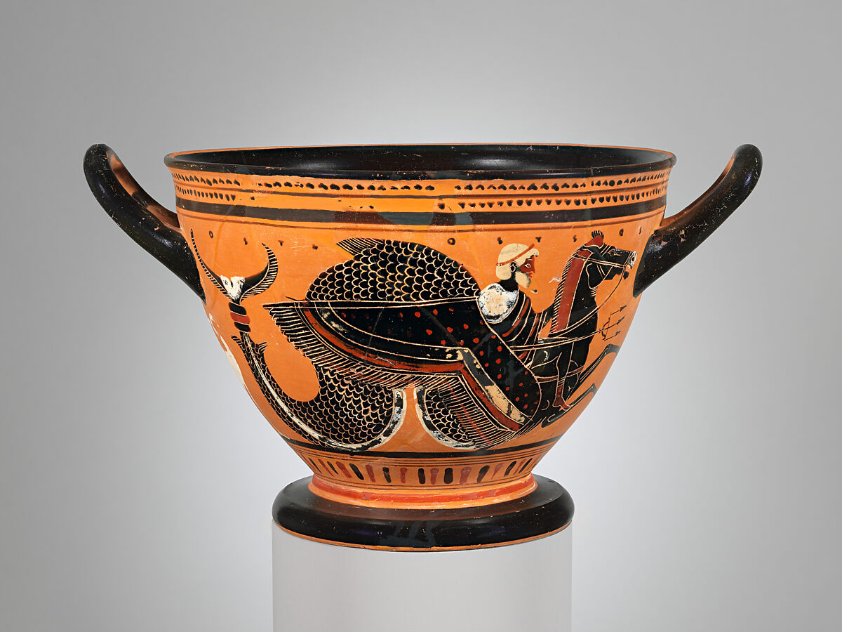 Terracotta skyphos (deep drinking cup), Attributed to the Theseus Painter, Terracotta, Greek, Attic 