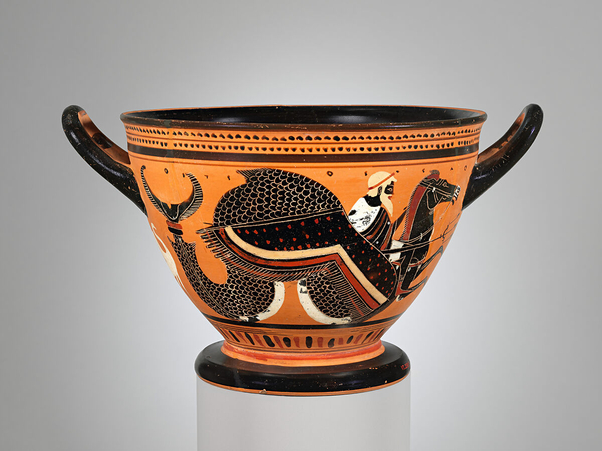 Terracotta skyphos (deep drinking cup), Attributed to the Theseus Painter, Terracotta, Greek, Attic