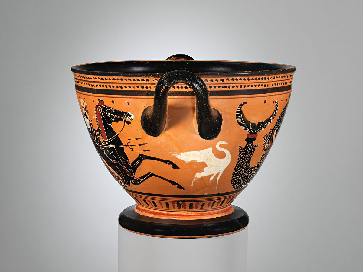 Terracotta skyphos (deep drinking cup), Attributed to the Theseus Painter, Terracotta, Greek, Attic