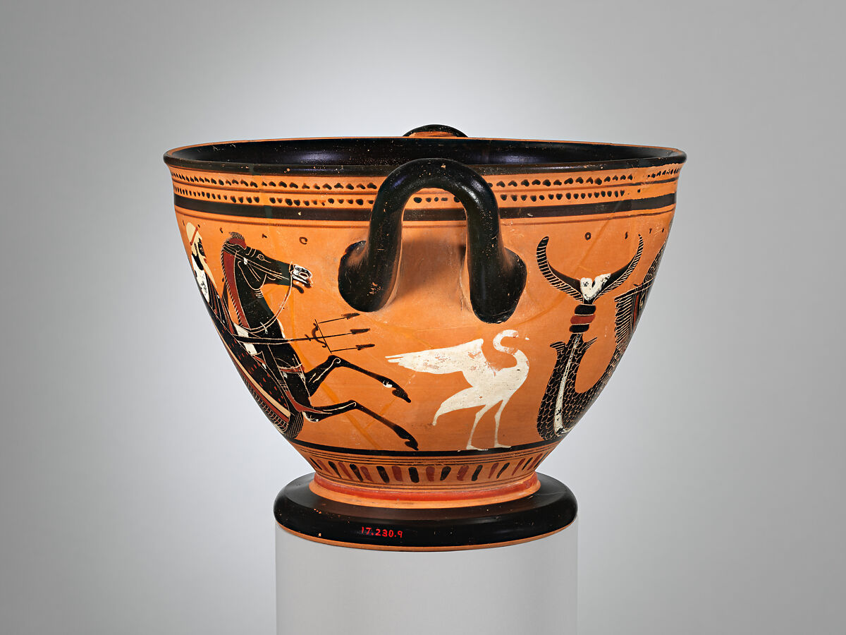 Terracotta skyphos (deep drinking cup), Attributed to the Theseus Painter, Terracotta, Greek, Attic