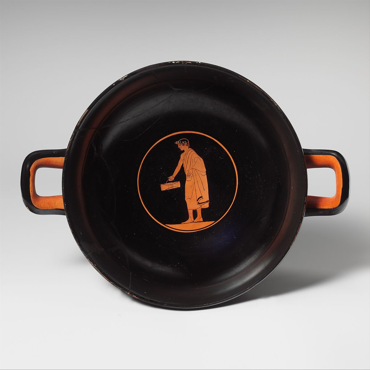 Terracotta kylix (drinking cup), Attributed to the Painter of Munich 2660, Terracotta, Greek, Attic 