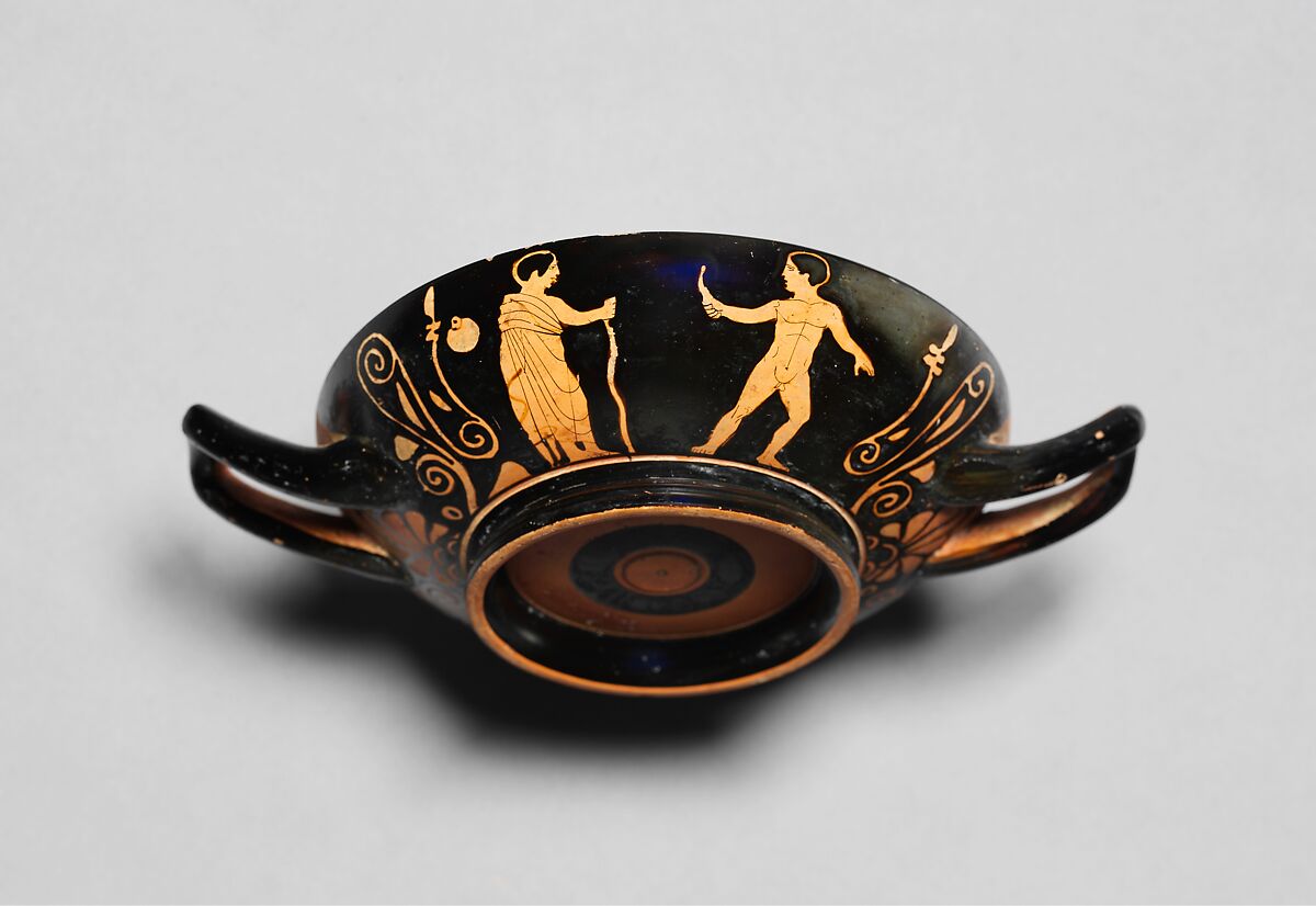 Terracotta stemless kylix (drinking cup), Attributed to the Painter of Ruvo 325, Terracotta, Greek, Attic