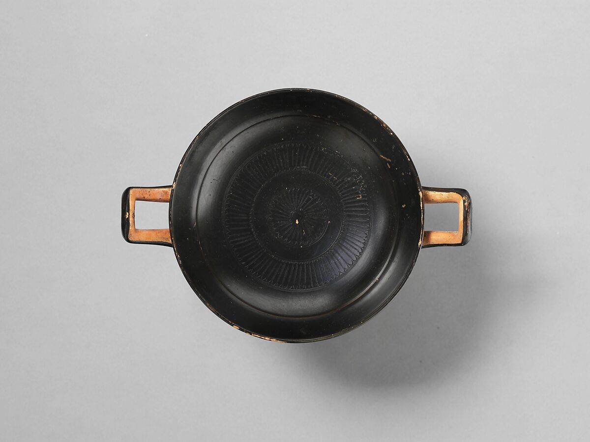 Terracotta stemless kylix (drinking cup), Attributed to the Painter of Ruvo 325, Terracotta, Greek, Attic