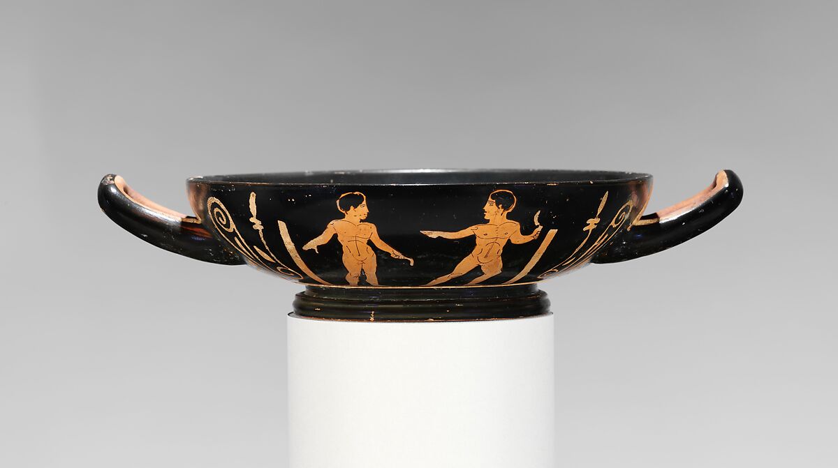 Terracotta stemless kylix (drinking cup), Attributed to the Painter of Ruvo 325, Terracotta, Greek, Attic 