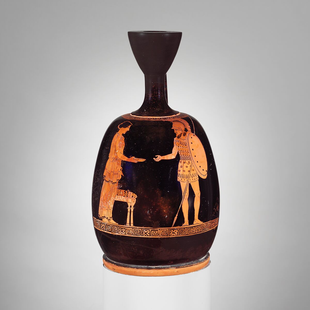 Terracotta squat lekythos (oil flask), Attributed to the Achilles Painter, Terracotta, Greek, Attic 