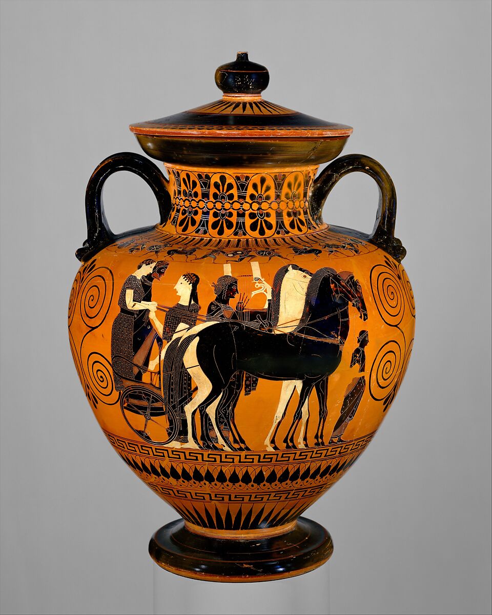 Terracotta neck-amphora (jar) with lid and knob (27.16), Attributed to Exekias, Terracotta, Greek, Attic