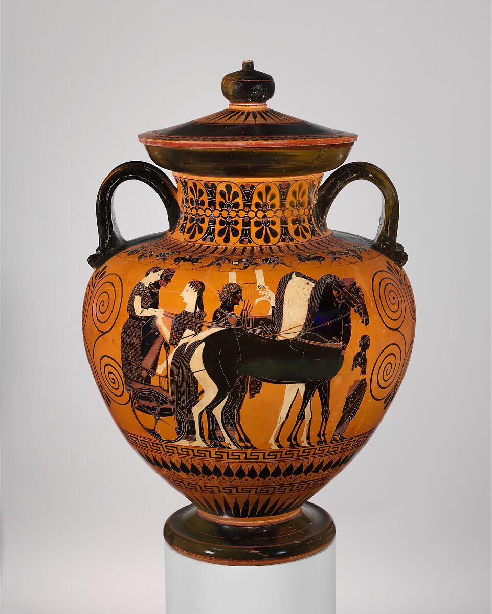 Terracotta neck-amphora (jar) with lid and knob (27.16), Attributed to Exekias, Terracotta, Greek, Attic 